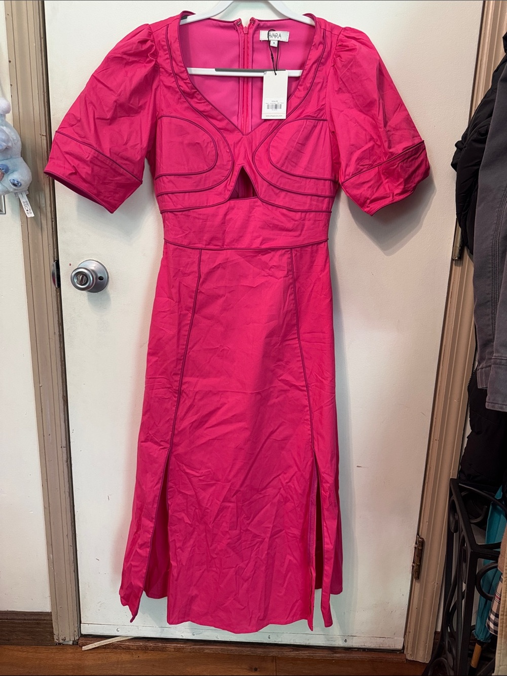 Avara Fuchsia Midi Dress with Puff Sleeves and Front Cutout NWT